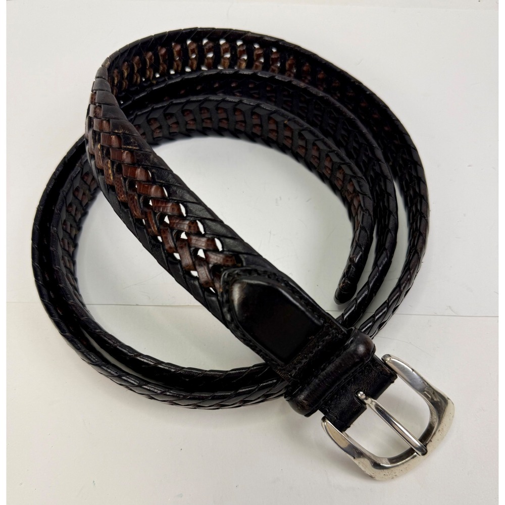 VTG Brighton Mens Braided Leather Belt Two Tone Brown Black Silver Buckle 54
